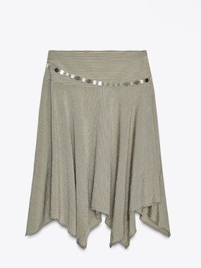 STRIPED ASYMMETRIC BELTED MIDI SKIRT